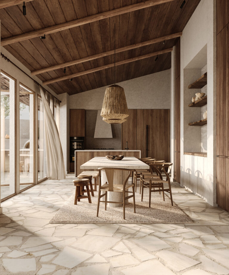 Masă de dining din lemn masiv cu scaune rustice și pardoseală din piatră naturală, design wabi-sabi