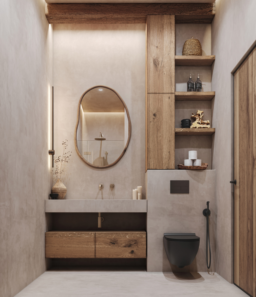 Baie în stil wabi-sabi cu oglindă ovală, mobilier din lemn masiv și rafturi deschise