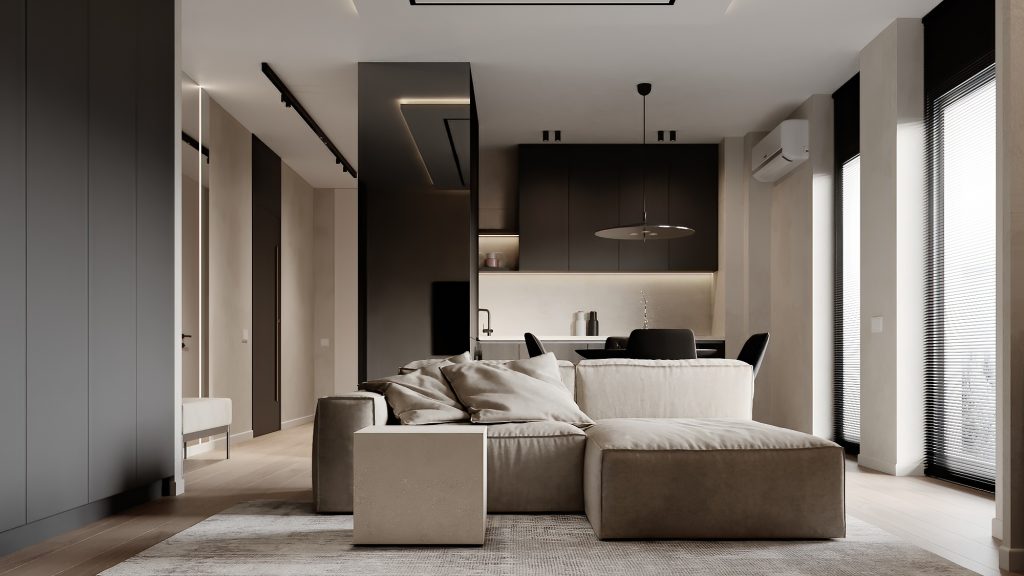Vedere largă a livingului cu canapea bej, perete negru și bucătărie în fundal, apartament de 50 mp în Cluj-Napoca