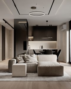 Living bej deschis spre bucătărie și dining, cu lustră inelară și coloană neagră, Cluj-Napoca