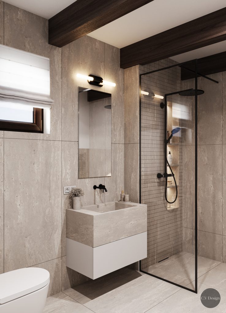 Baie mică cu placări bej din piatră, oglindă cu aplică neagră și duș walk-in, lângă Cluj-Napoca