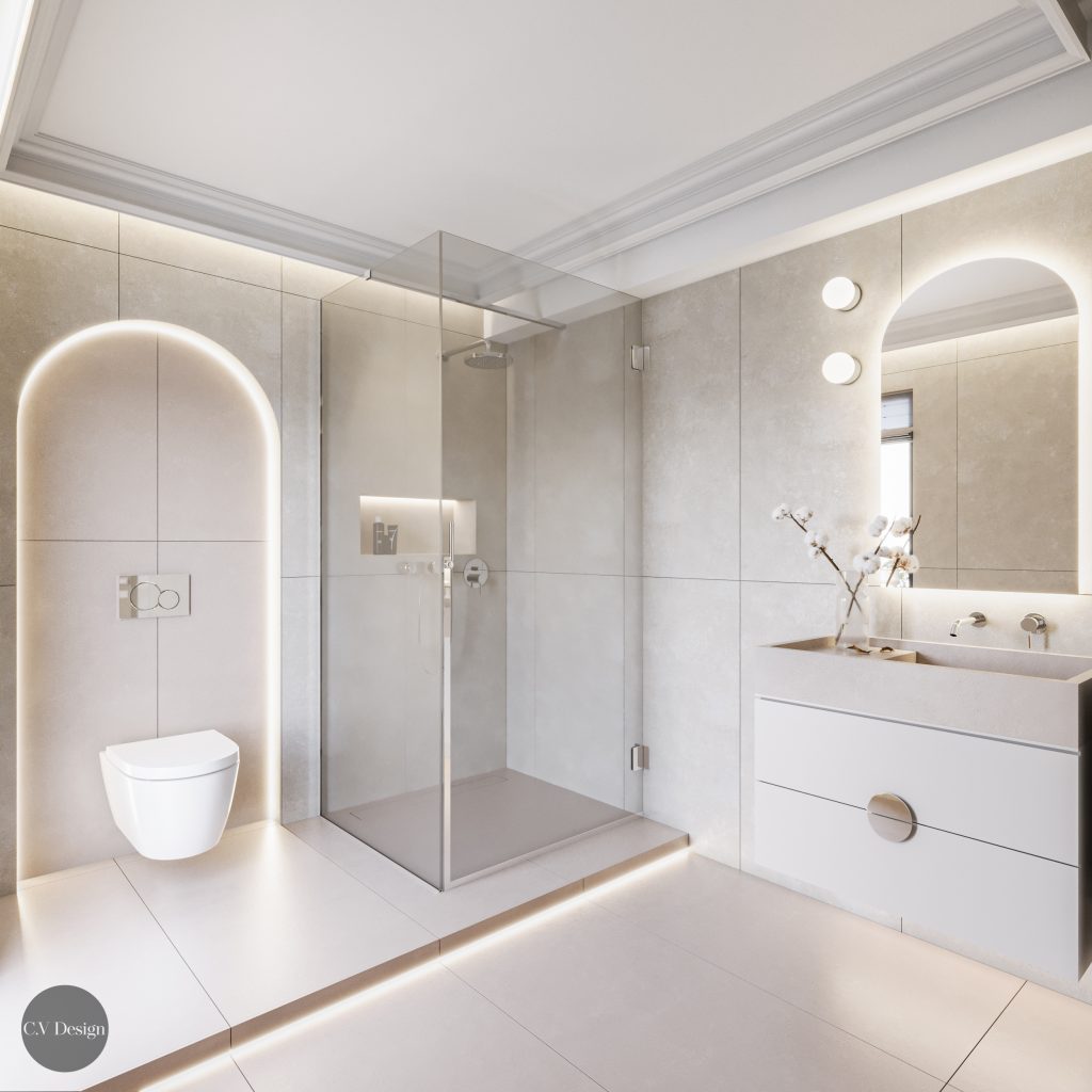 Baie cu nișe arcuite iluminate, duș walk-in cu sticlă și mobilier alb suspendat, casa M&D