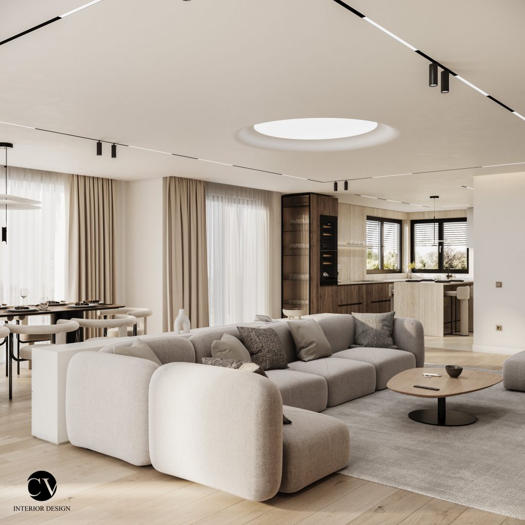 Living spațios cu canapea modulară albă, măsuță rotundă din lemn și tavan cu cupolă iluminată, casă din Brașov