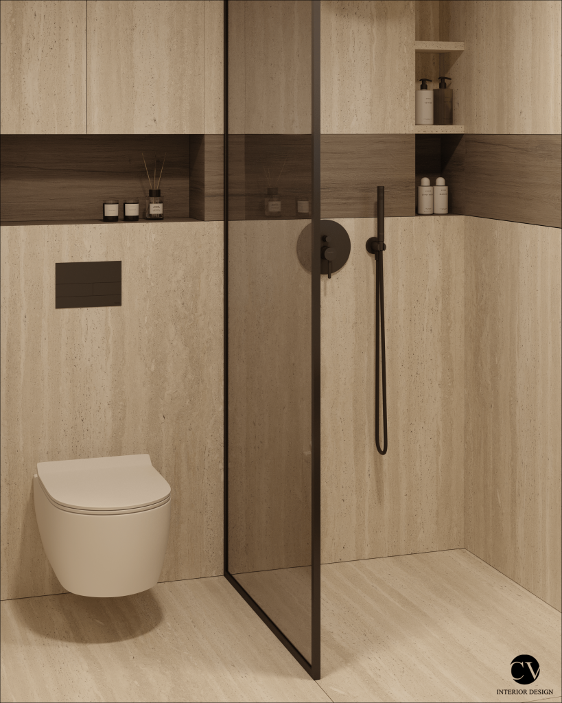 Baie cu duș walk-in, placări cu aspect de travertin și nișă cu raft din lemn