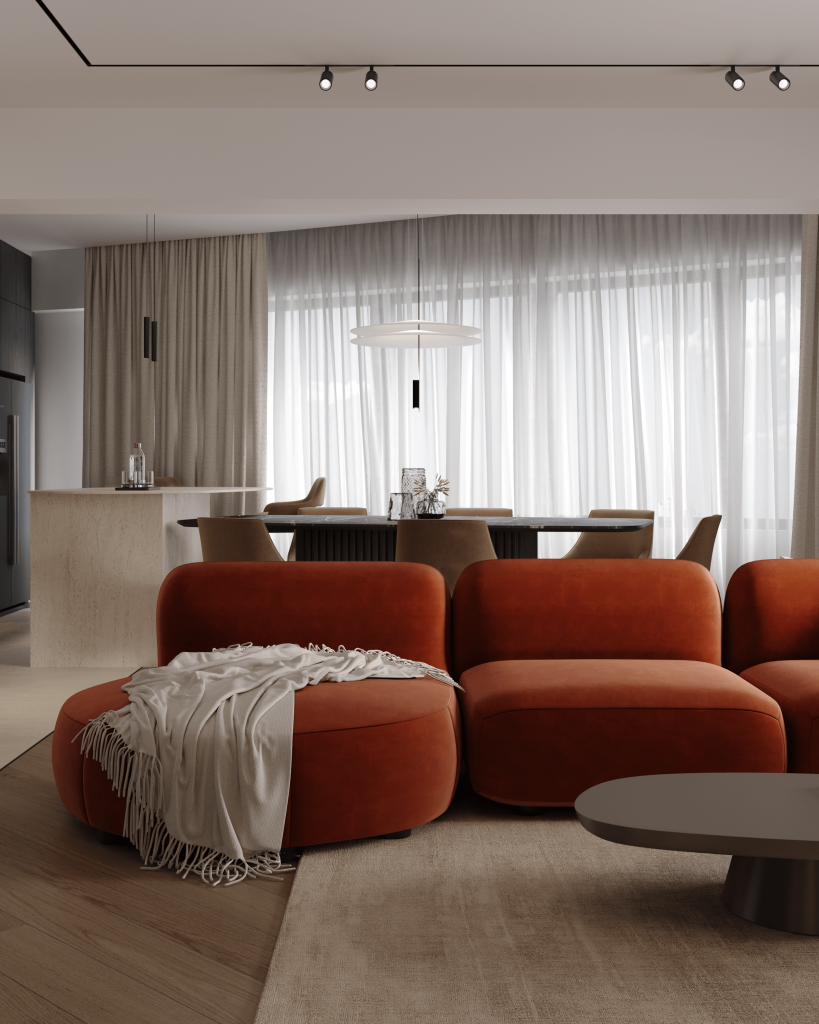 Living cu canapea modulară din catifea cărămizie, pled crem și măsuță joasă, proiectul Etaj 21