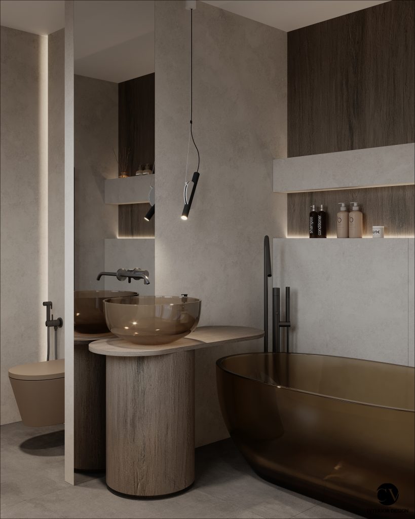 Baie cu cadă din sticlă fumurie, lavoar tip bol din sticlă și lambriu din lemn, penthouse