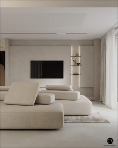 Living cu canapea modulară bej și perete TV cu nișe iluminate, penthouse în Cluj-Napoca